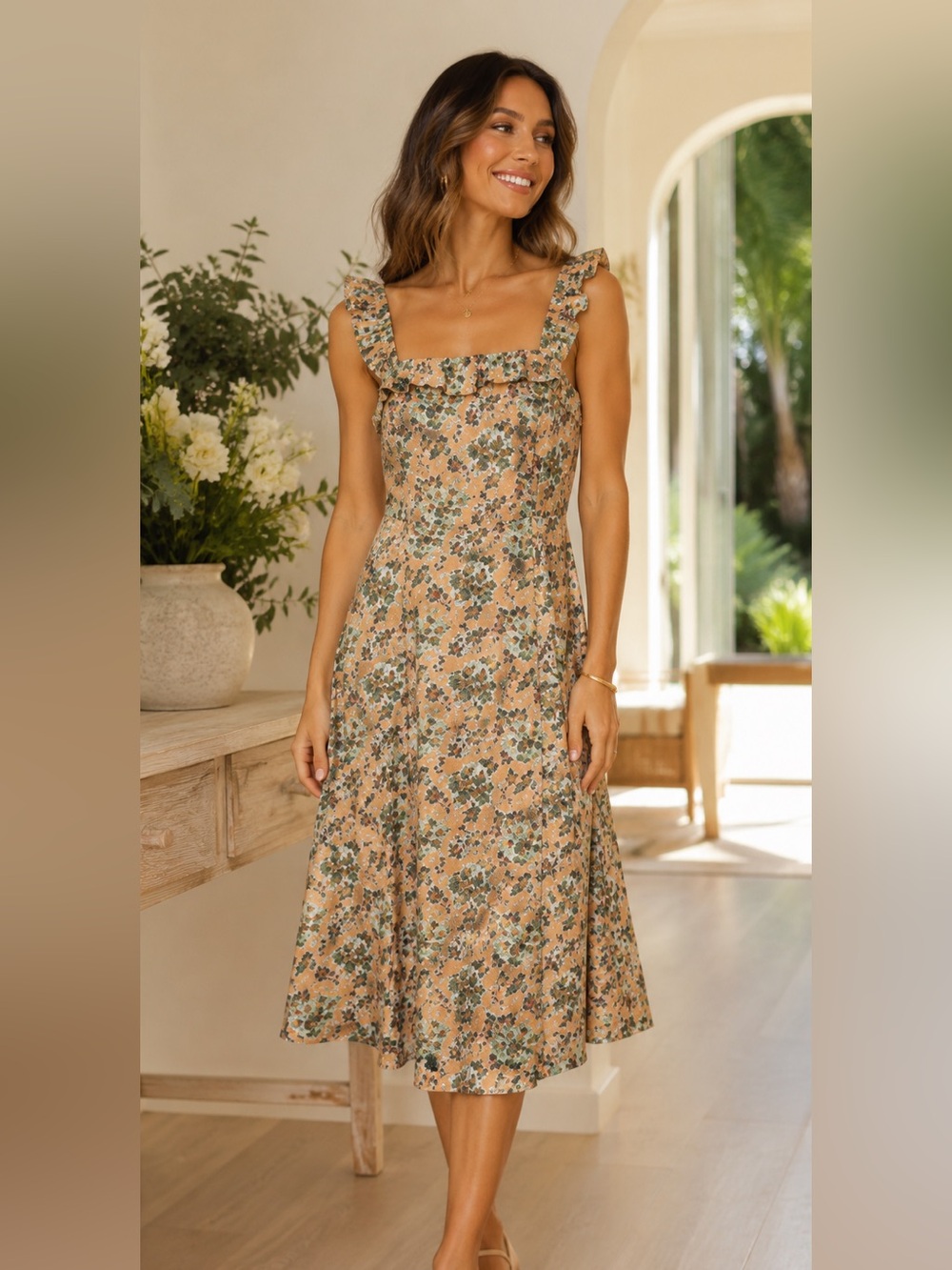 Ann Taylor Linen Floral Midi‎ Dress Size 14 Orange Sleeveless Ruffle